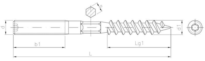 Doppelseitige Nadel mit Holzgewinde und metrischem Gewinde mit Sechskantprägung
